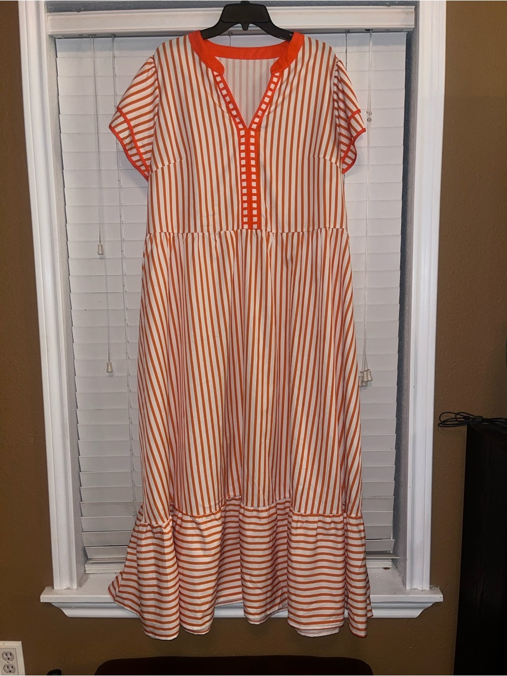Women's Orange and White Striped V-Neck Maxi Dress